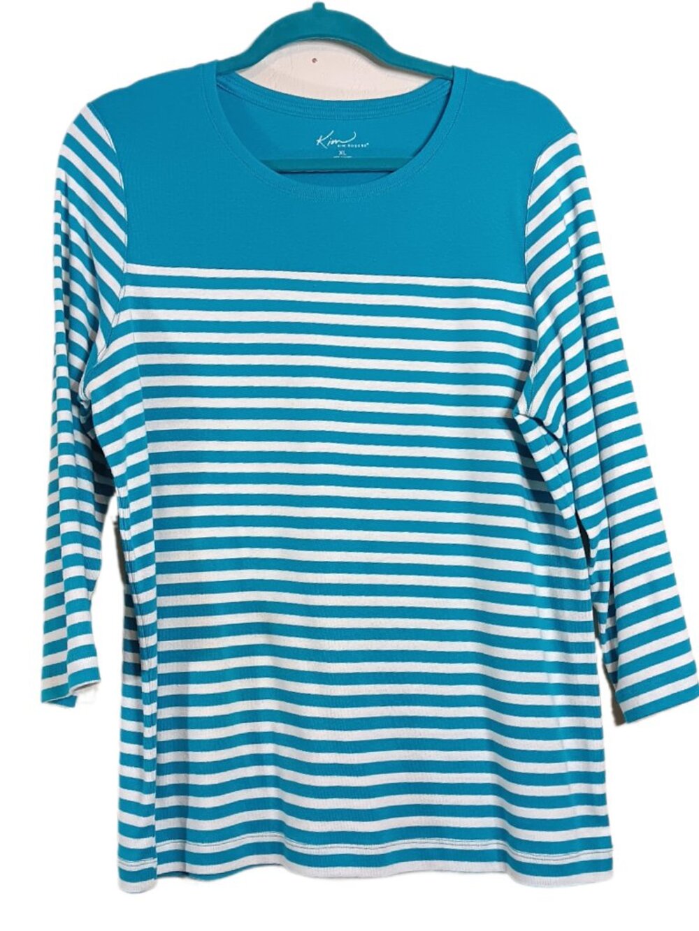 Kim Rogers Striped Tee Women’s XL Blue White 100% Cotton Nautical Coastal Casual